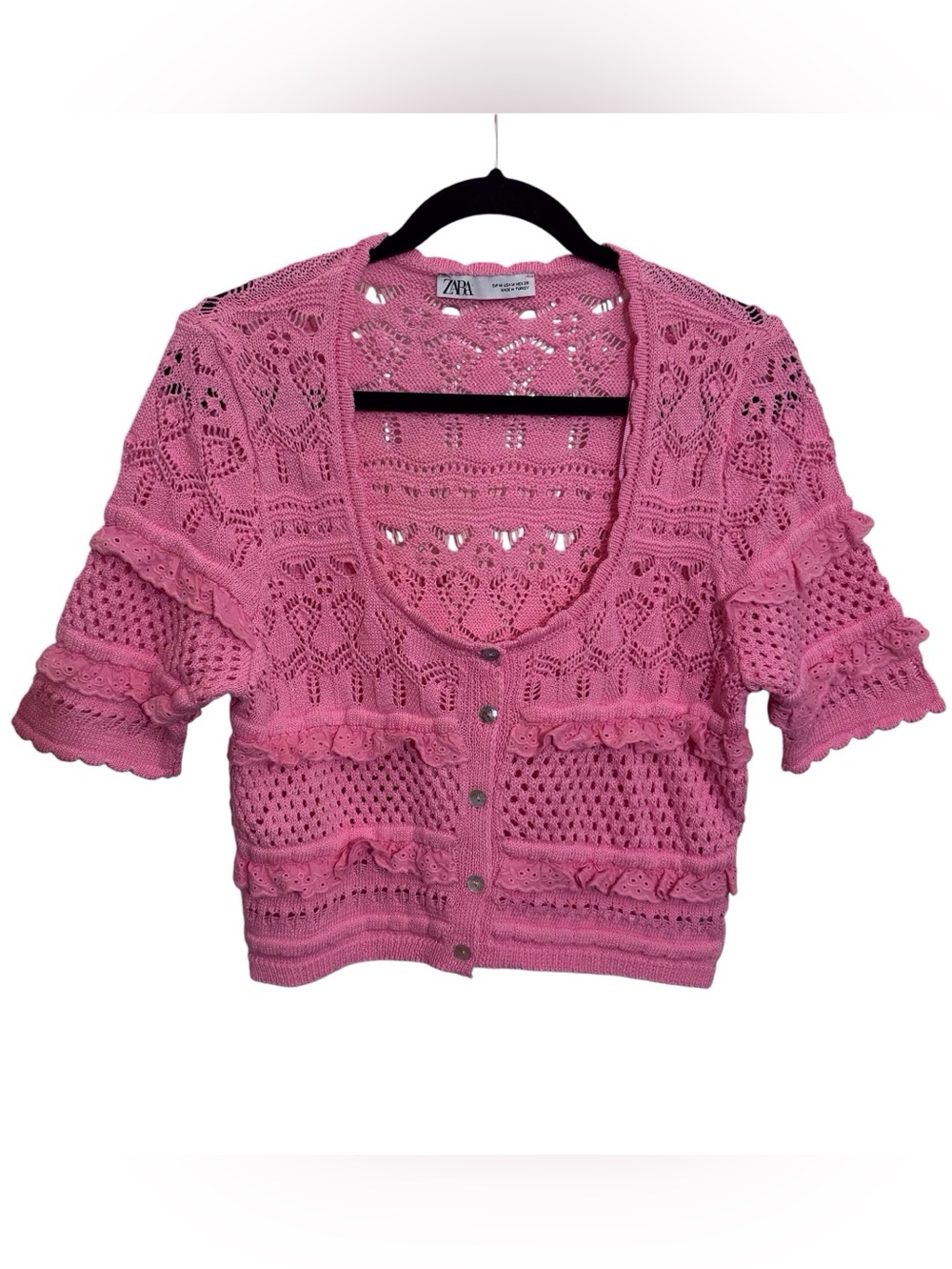 Zara Size Medium Pink Crochet Knit Cardigan Sweater Boho Cotton Cottagecore